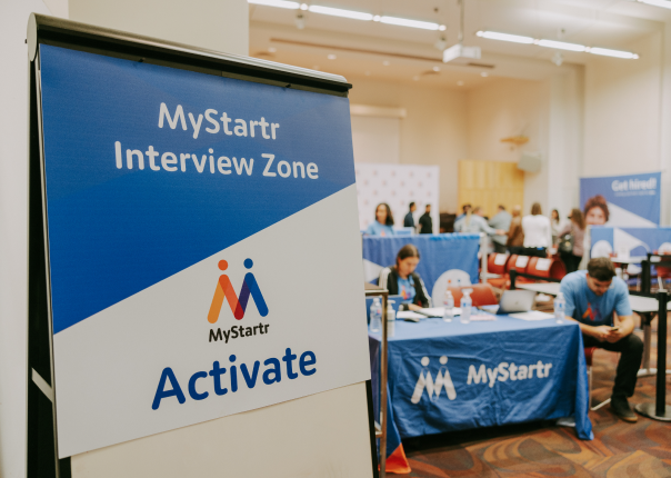 Sign reading: MyStartr Interview Zone